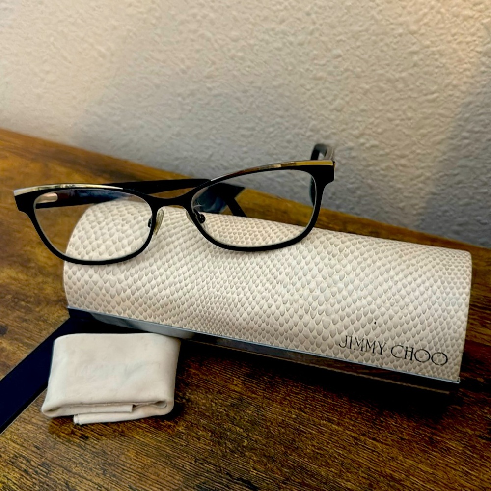Jimmy Choo glasses frame, cleaning cloth and case.